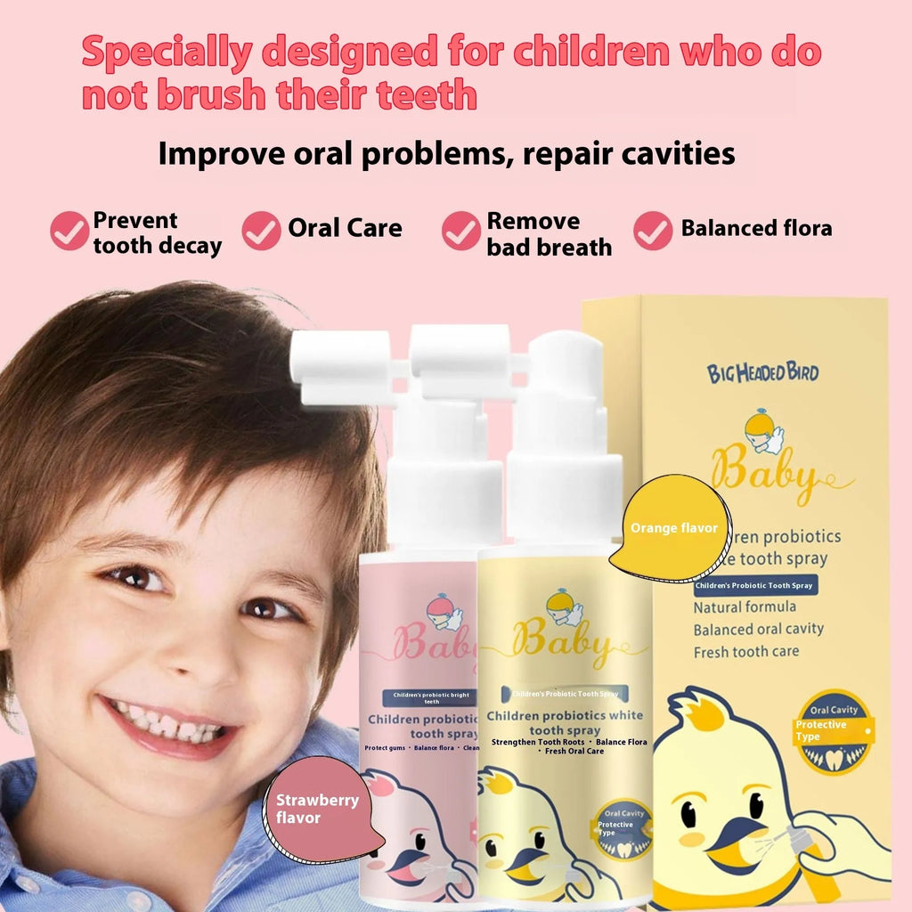 Children's probiotic teeth cleaning spray bottle in strawberry or orange flavour, 40ml oral care product