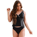Black women's one-piece split swimsuit made of nylon, shown sleeveless.