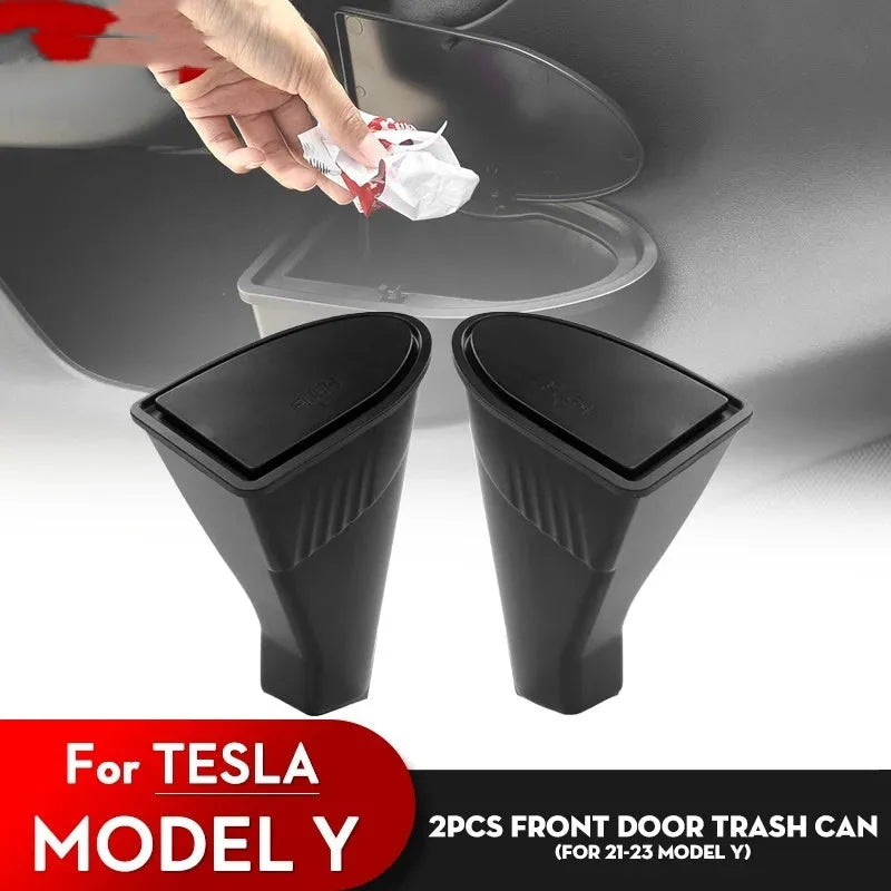 Two black waterproof ABS trash cans for Tesla Model Y front door pockets