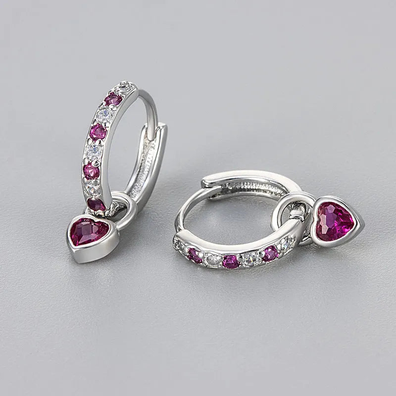 Women's heart-shaped fashion earrings with a coloured loving heart ear clip, available with zircon, corundum or beka stone.