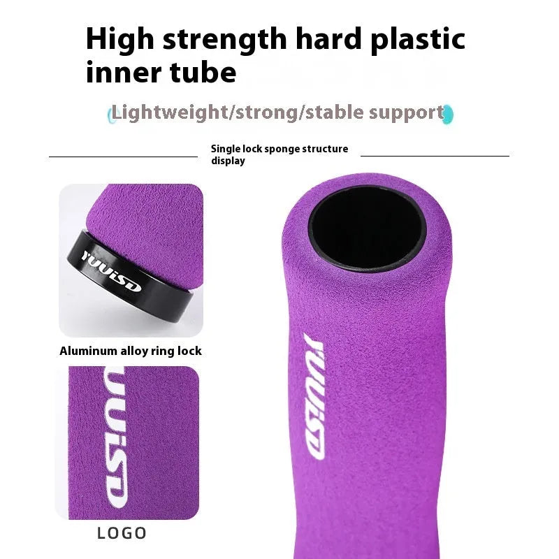 Pair of ultra-light 41g sponge mountain bike handle covers in black, purple, and biange colour options.