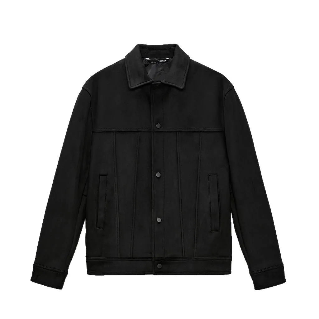 Black men's hooded jacket with a suede collar and side seam pockets