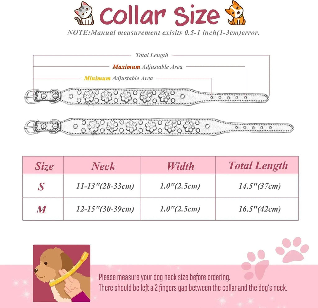 Rhinestone flower pattern studded PU leather dog collar in multiple colours for small medium dogs