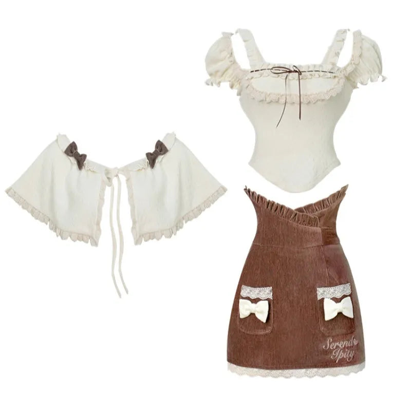 Apricot knitted top, brown hip skirt and apricot shawl three-piece set in sizes S M XS