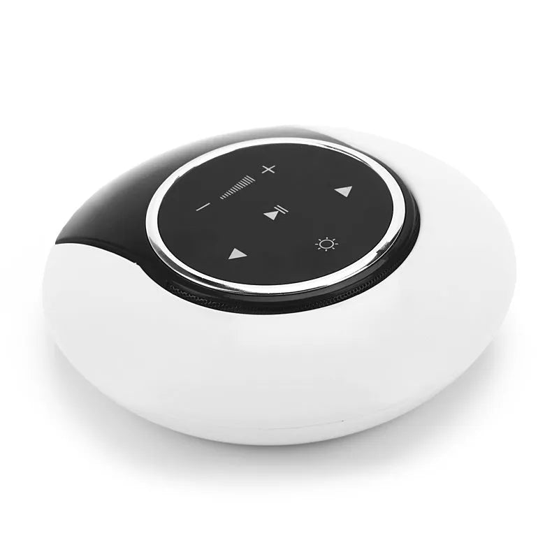 Blue Bluetooth speaker desk lamp with folding design and touch controls showing white, yellow and blue LED lighting