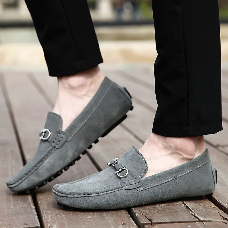 Men's black slip-on leather shoes with square-toe design and matte finish