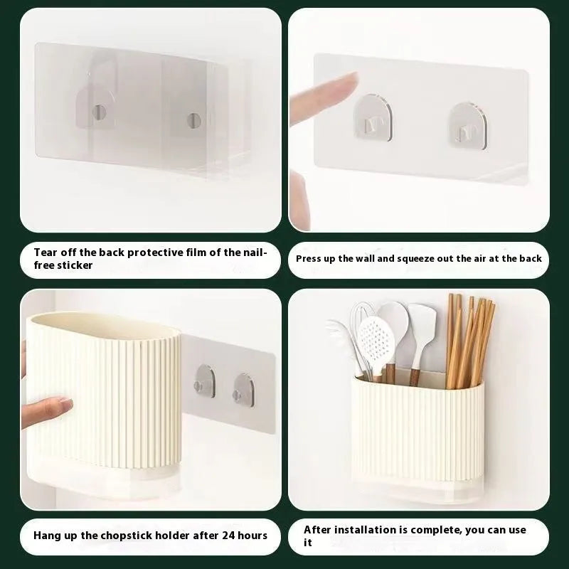 A beige plastic wall-mounted chopsticks holder with a cross-border drain design for kitchen utensil storage.