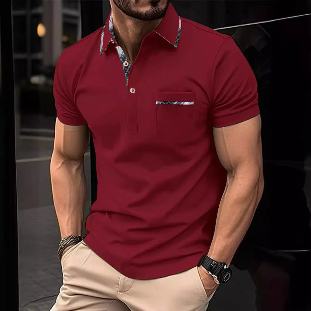 Men's short sleeve lapel polo shirt with dot pattern, available in black, wine red, sky blue and pink, sizes S to XXXL.