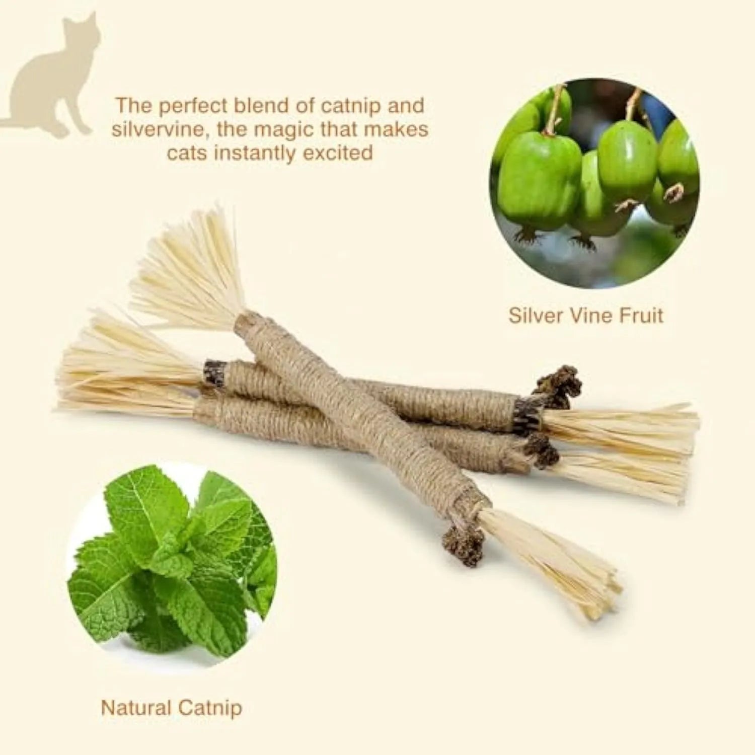 Three natural silvervine chew sticks for cats with sisal rope and raffia dental care elements