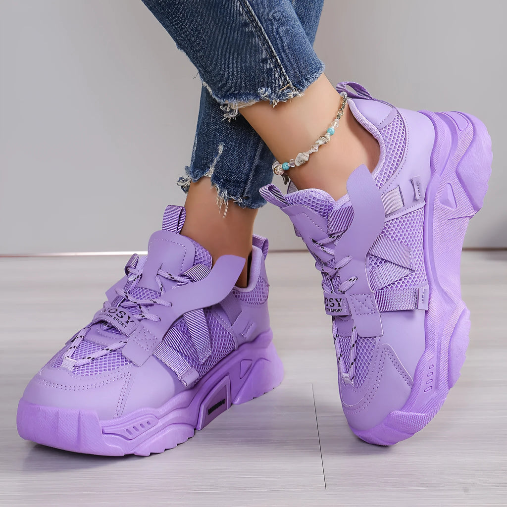 Women's purple platform mesh sports shoes with lace-up front and breathable construction