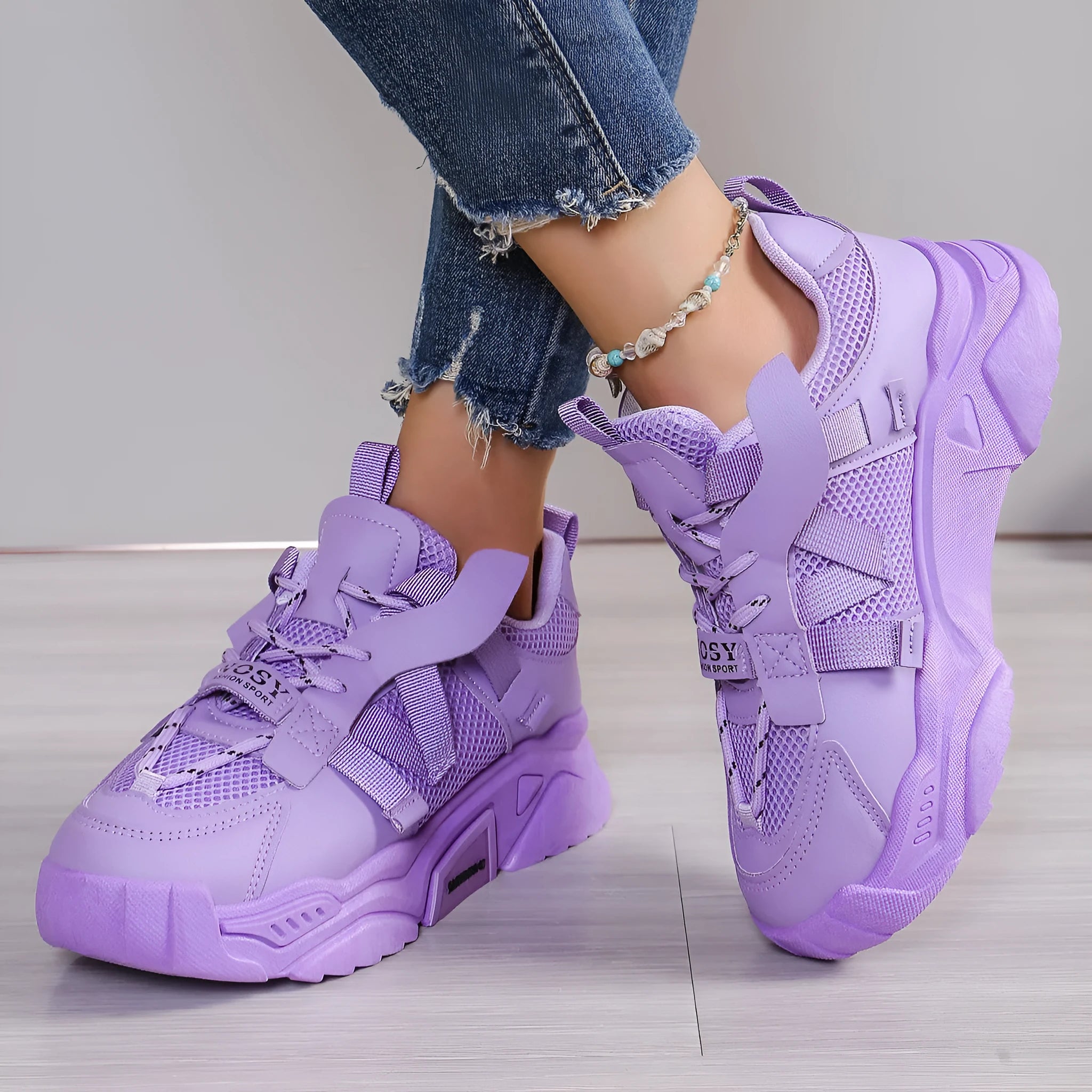 Women's purple platform mesh sports shoes with lace-up front and breathable construction