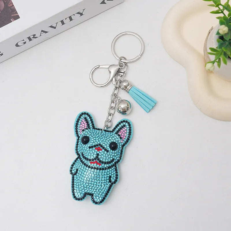 French dog rhinestone keychain with cartoon animal pendant in caramel colour