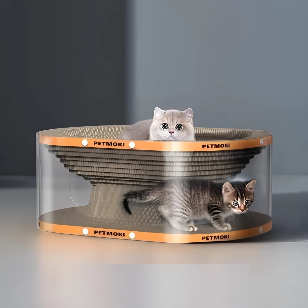 Transparent white cat scratch board with integrated nest tunnel measuring 58cm long
