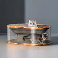 Transparent white cat scratch board with integrated nest tunnel measuring 58cm long