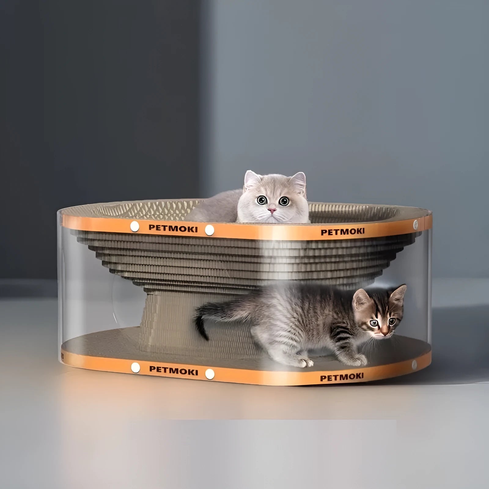 Transparent white cat scratch board with integrated nest tunnel measuring 58cm long