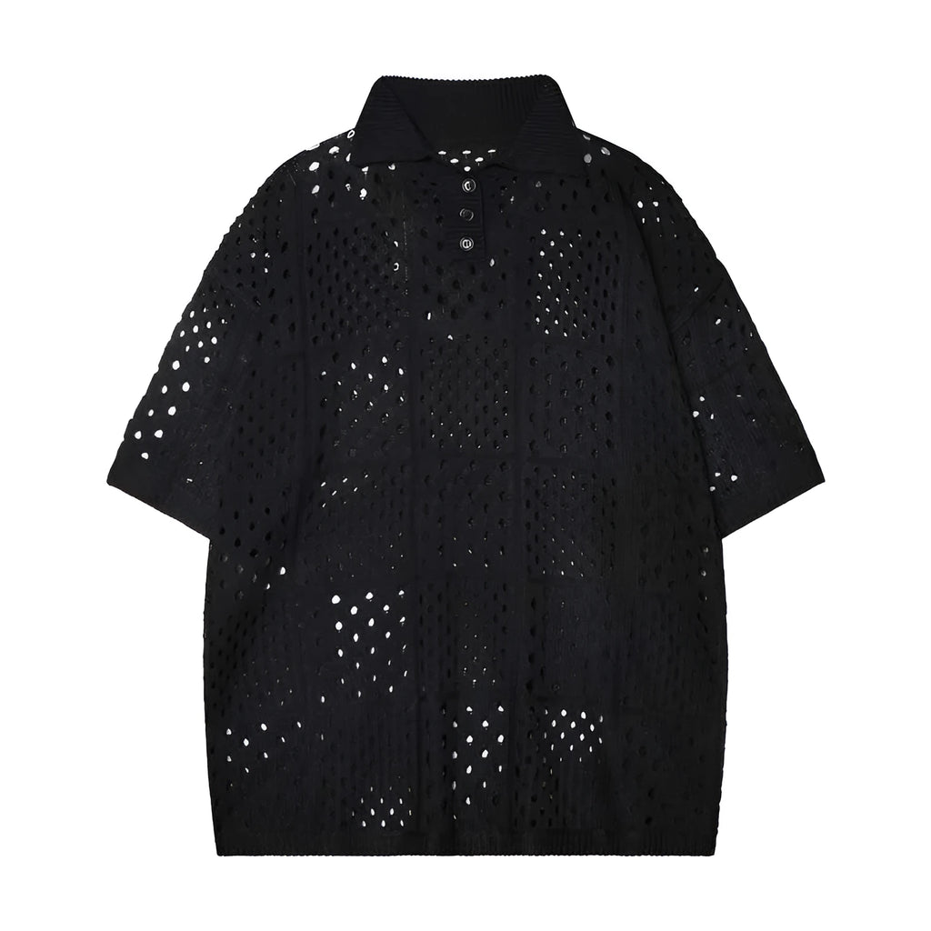 Black and white short-sleeved polo shirt with a hollow knit and loose cardigan style for teenagers.