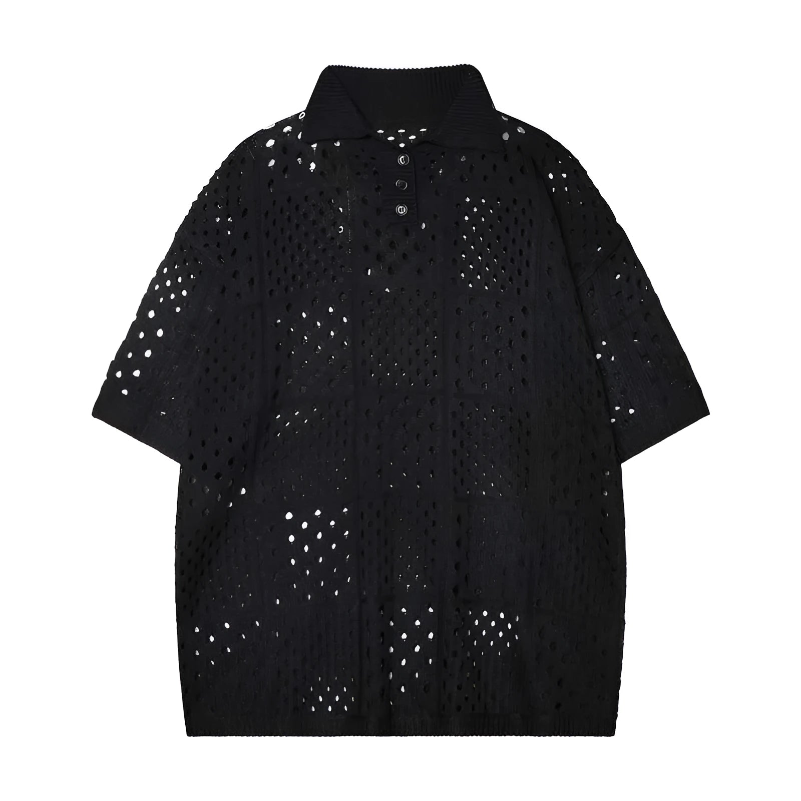 Black and white short-sleeved polo shirt with a hollow knit and loose cardigan style for teenagers.