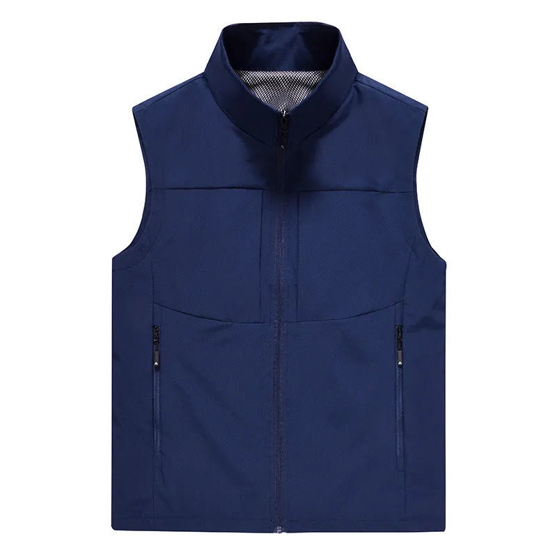 Men's loose fit polyester cardigan vest in khaki with stand collar and zipper pockets.