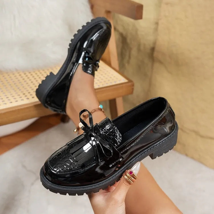 Women's brown and black bow loafers made of artificial PU leather in sizes 36 to 43
