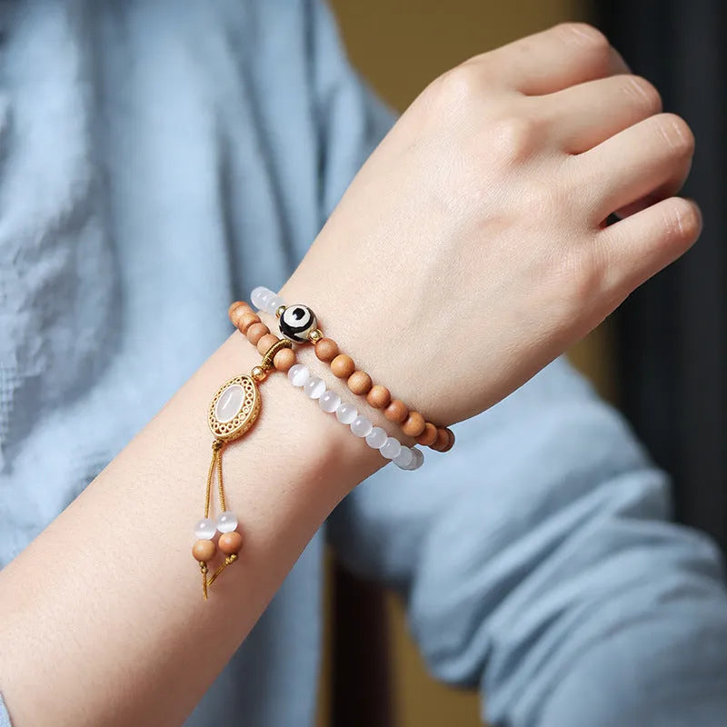 Women's bracelet with sandalwood double ring opal Tibetan beads in mixed materials