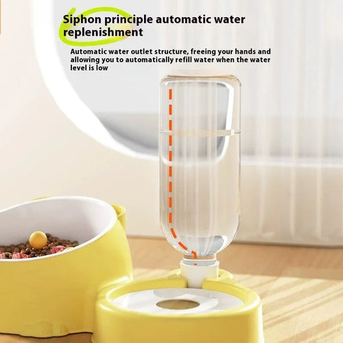 Automatic double bowl pet drinking basin in haze blue with stainless steel and ceramic dispenser.