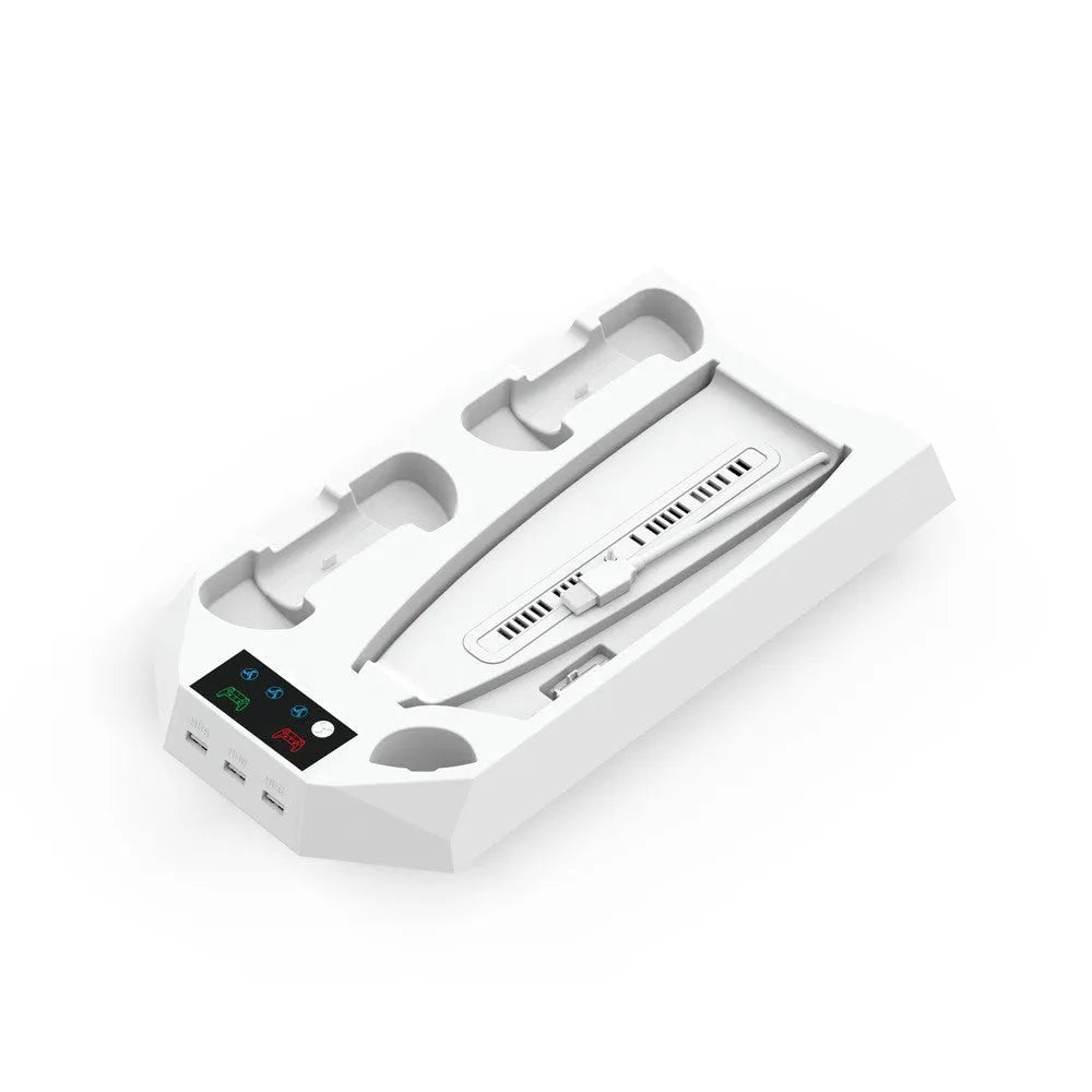 PS5 charging base radiator stand in black with controller dock and vertical console support