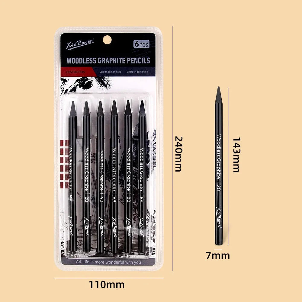 Six graphite sketching pencils with HB, 2B, 4B, 6B, 8B, and EE grades arranged in art set
