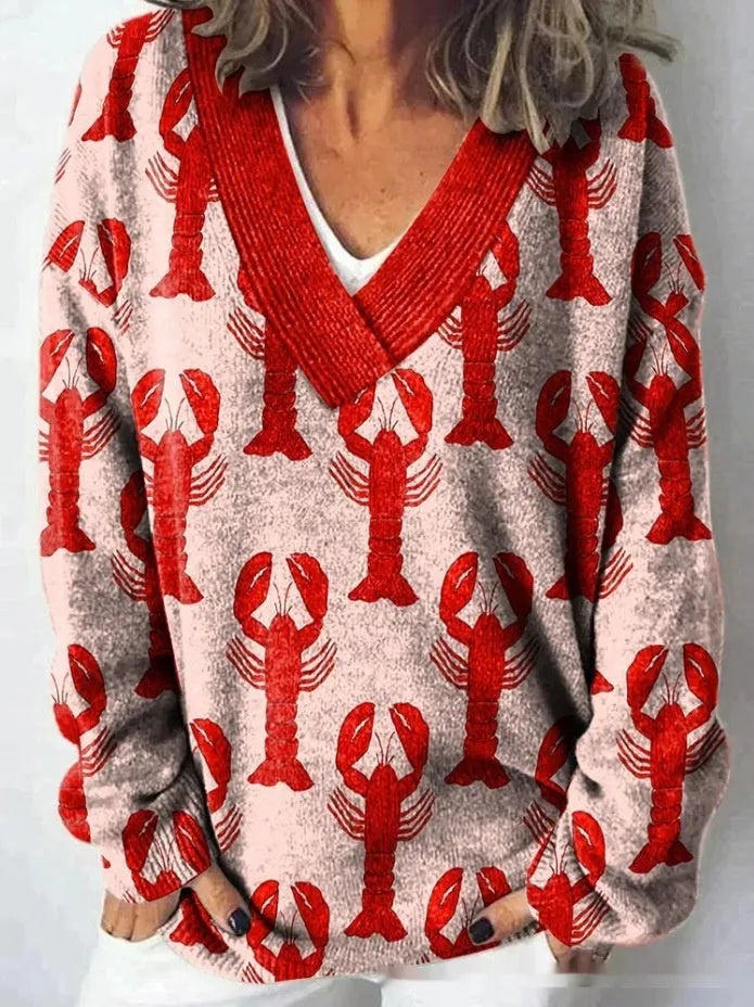 Women's V-neck long sleeve sweatshirt with a raised 3D floral pattern in an art retro style.