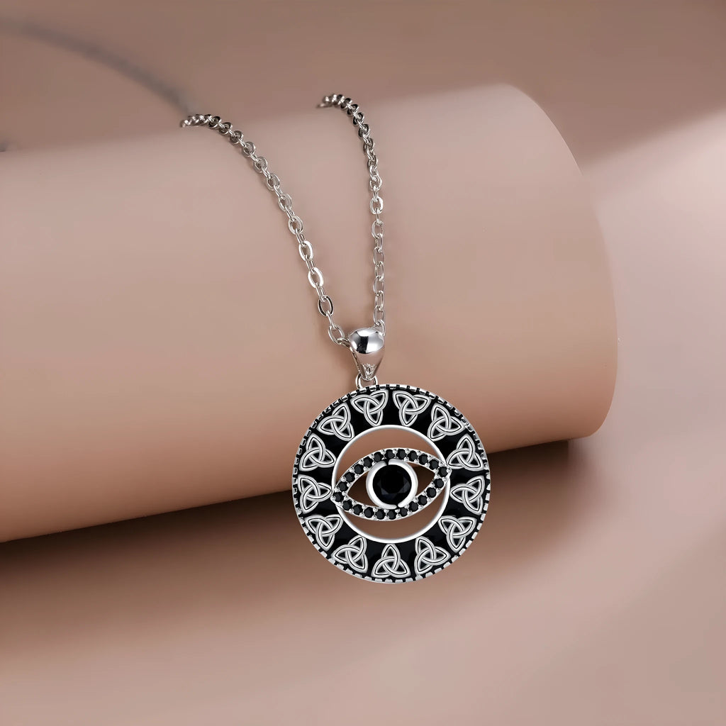 Copper devil's eye pendant necklace for women with a cross chain style and electroplated finish.