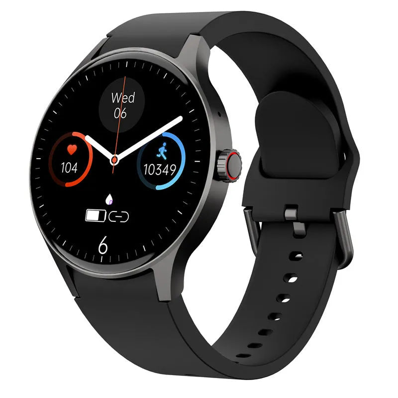 46mm diameter Bluetooth sport watch with circular touchscreen display in black, blue, pink, or red