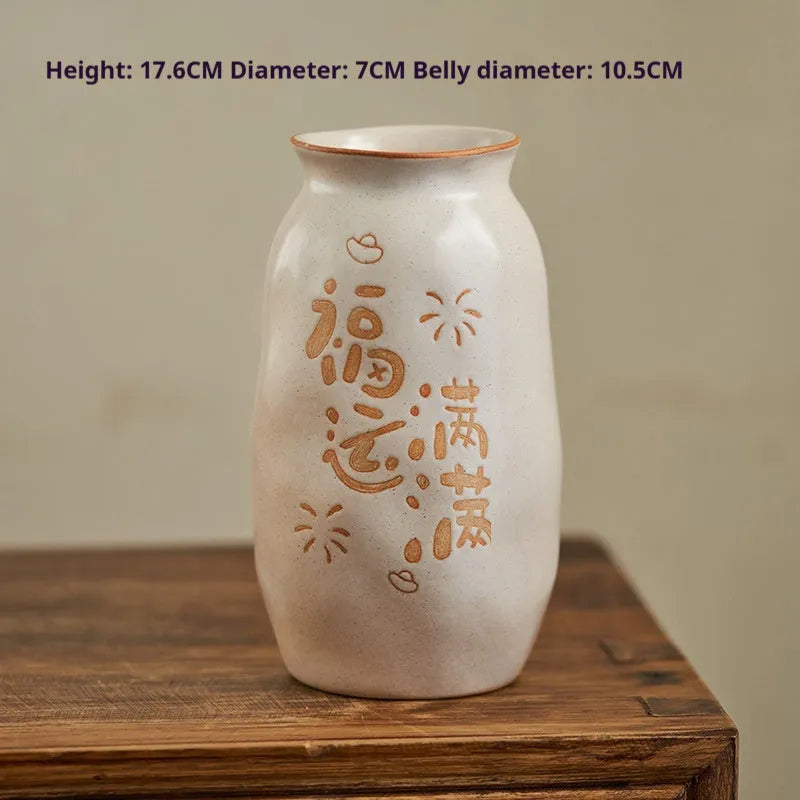 Chinese hand-painted ceramic joy vase with auspicious symbols on 8cm diameter base for desktop display