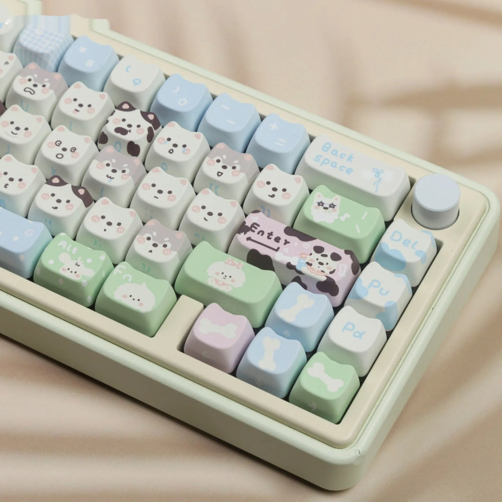 PBT key cap set with colourful cat and puppy anime artwork for mechanical keyboards