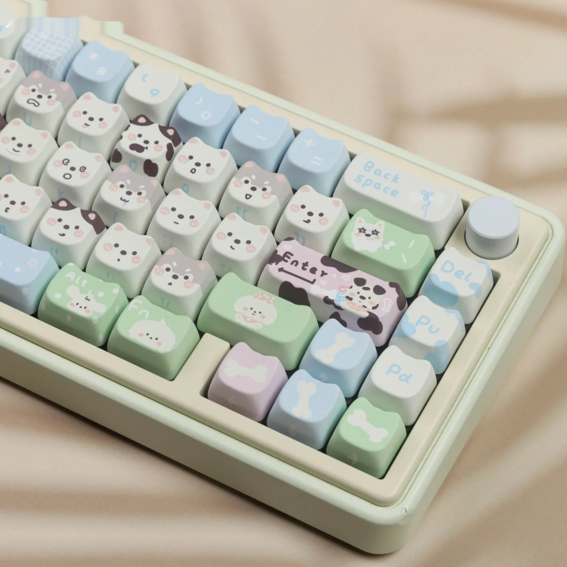 PBT key cap set with colourful cat and puppy anime artwork for mechanical keyboards