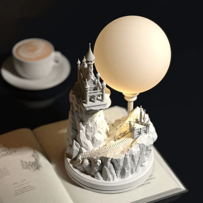 White composite gypsum table lamp with wire control switch on bedside table