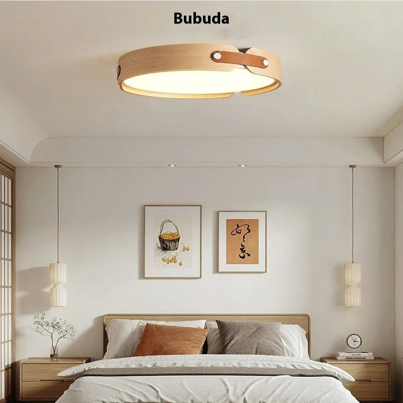 Japanese wooden ceiling lamp with natural wood shade and PMMA lampshade in bedroom setting