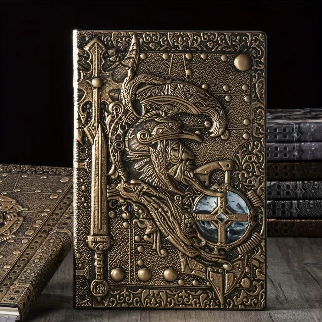 A5 leather notebook with embossed 3D warriors design on the cover, shown in bronze colour.