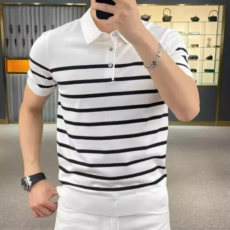 Striped lapel neckline knitted t-shirt in black and white colours showing pullover style and striped pattern