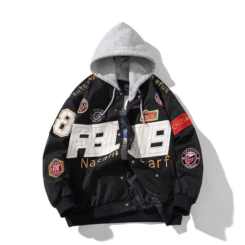 American motorcycle baseball uniform jacket in loose fit with detachable hood option