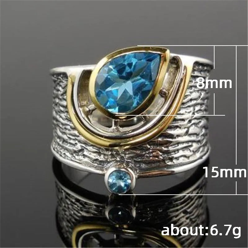 Blue zircon rhinestone drop shape alloy ring in Chinese style on size guide