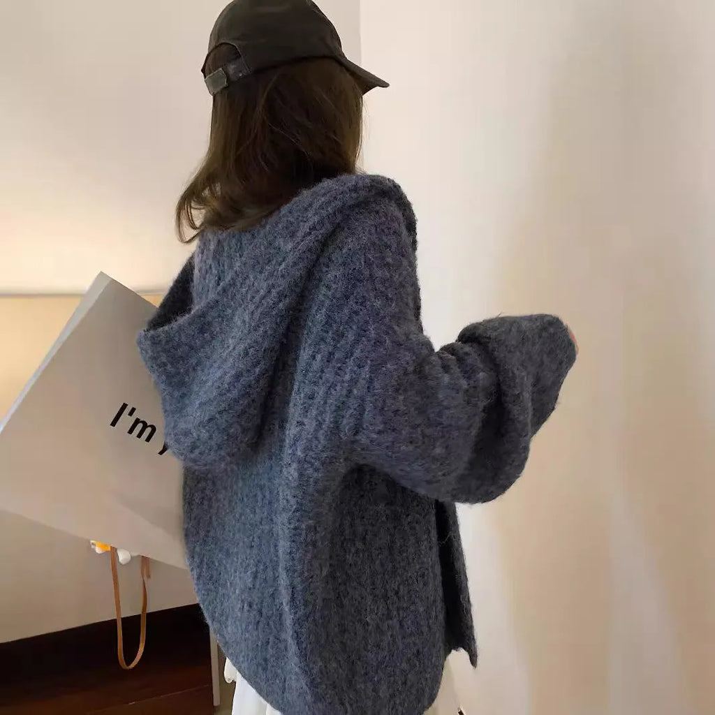 Women's dark grey retro Maillard hooded sweater cardigan with a thick knit texture.