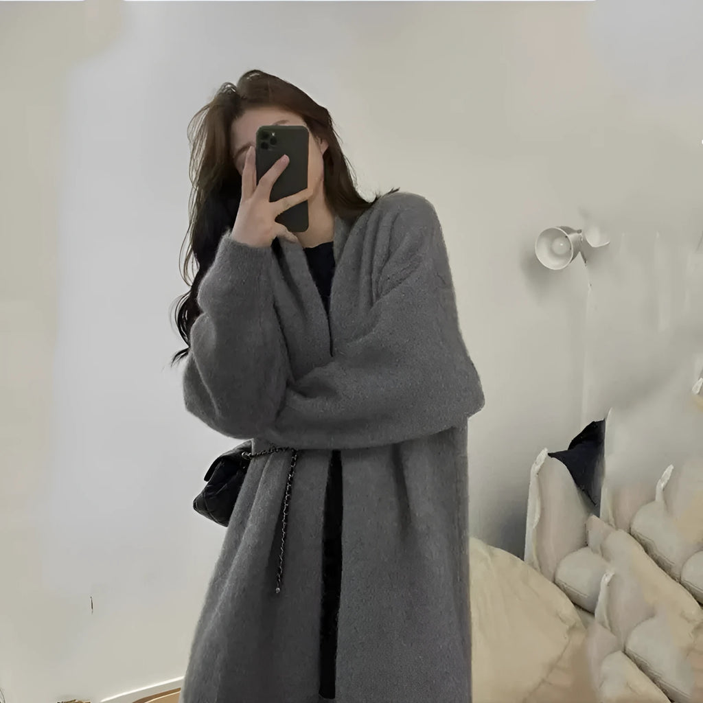 Women's loose thick chenille cardigan with 65cm length in dark grey colour