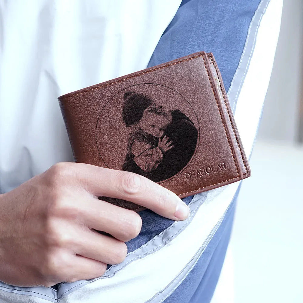 Men's brown leather wallet with a silver zipper closure, showing open view of multiple card slots.