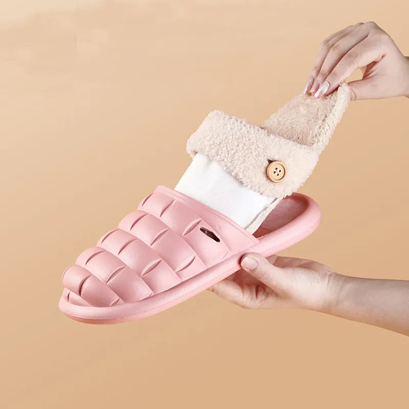 Plaid detachable EVA slippers for women in pink, showing plush lining and non-slip sole.
