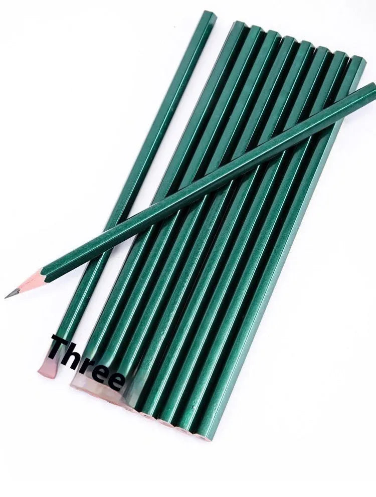 Ten green six-angle wooden pencils with HB and 2B graphite grades laid out in a set.