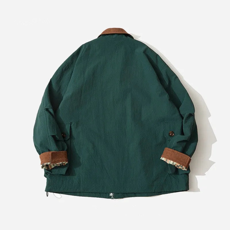 Green and apricot polyester casual jacket with side seam pockets and long sleeves