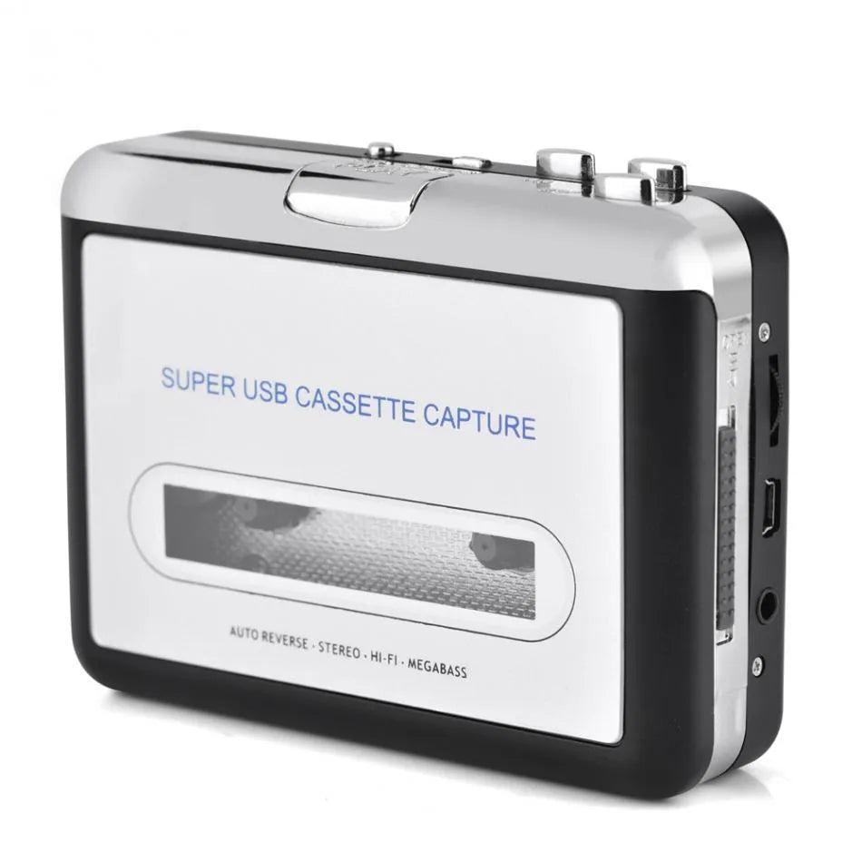 Silver USB cassette to MP3 converter with USB cable and earphones for tape digitisation