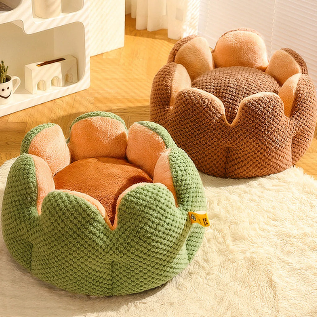 Green cactus petal shaped soft plush dog bed with a cave-like opening for cats and small dogs.