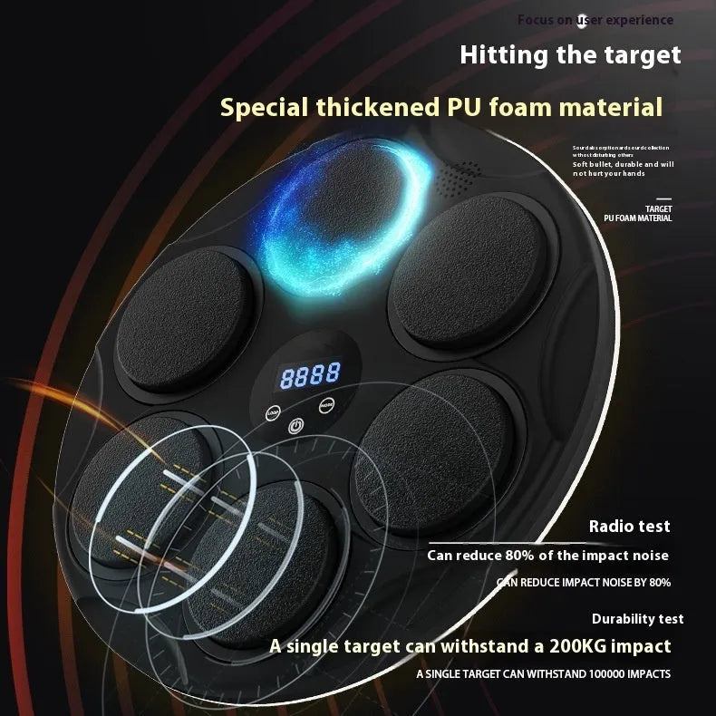 Black wall-mounted smart boxing target with coloured LED lights and Bluetooth connectivity for fitness training