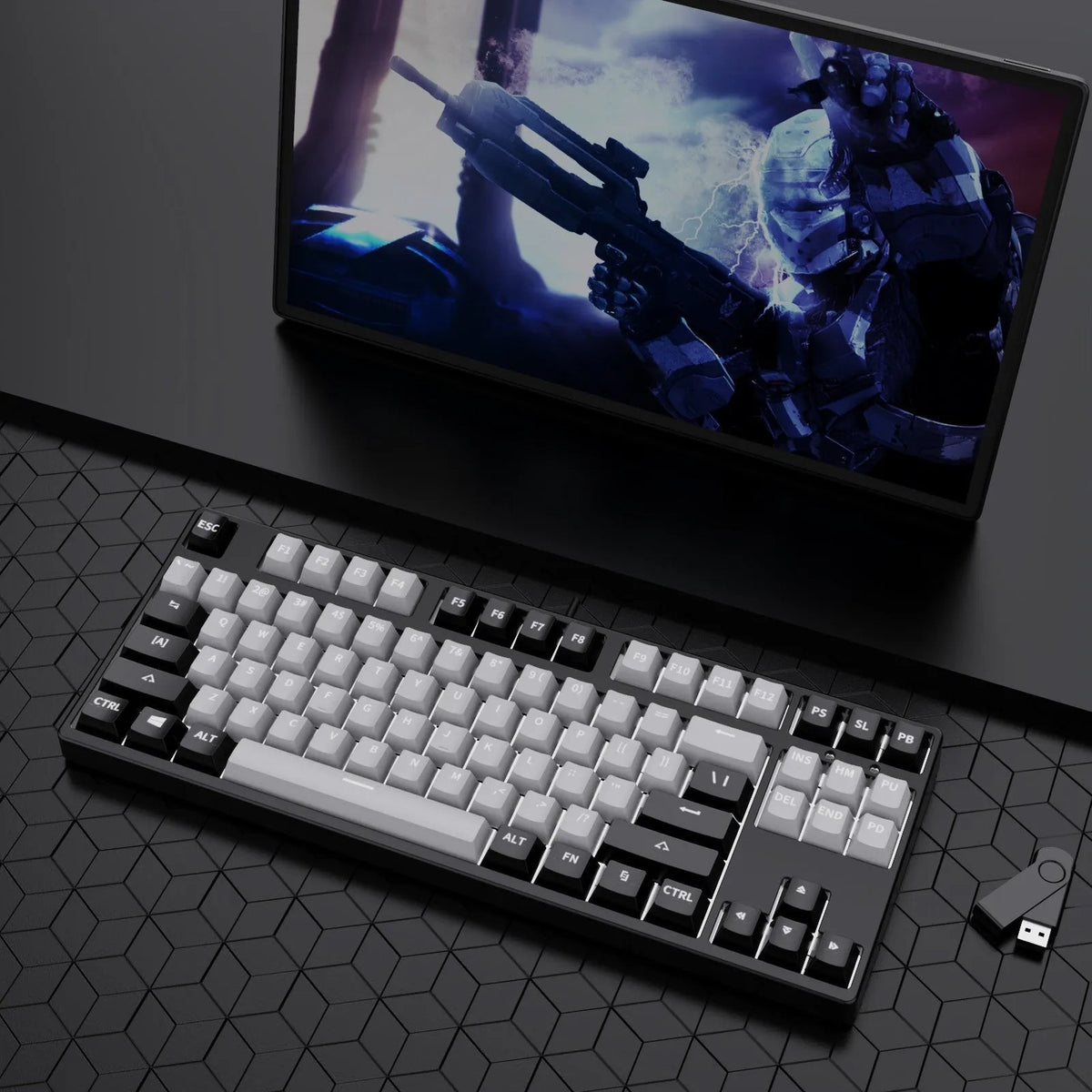 87-key hot-swappable mechanical gaming keyboard with two-tone keycaps and metal chassis