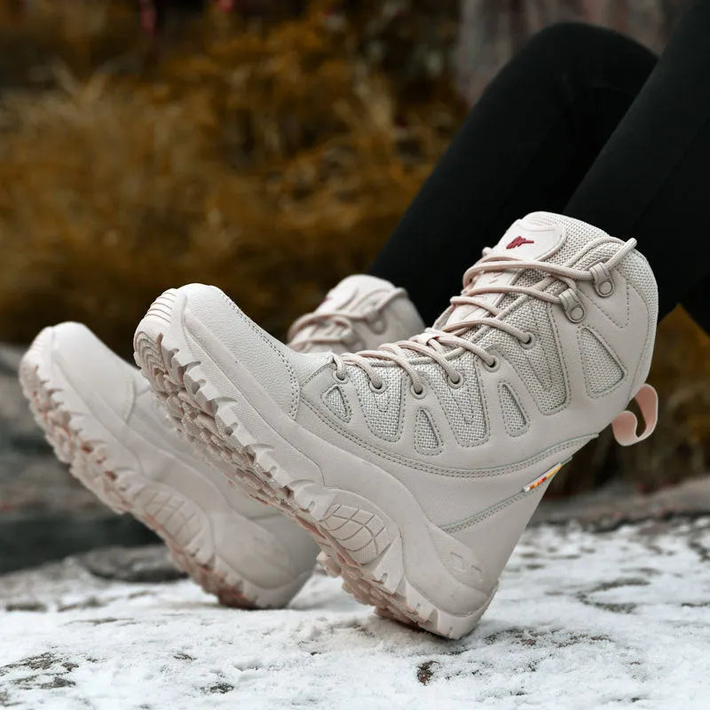 Cowhide leather hi-top hiking shoes for outdoor activities in beige colour